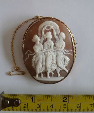 Large Victorian Antique 9ct Gold Carved Shell Cameo Brooch Pin The Three Graces