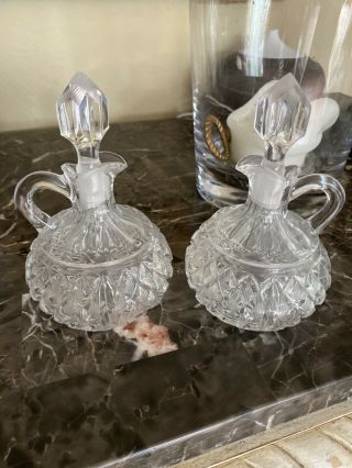 Vintage Glass Pattern Oil And Vinegar Cruets With Glass Stoppers Set Of 2
