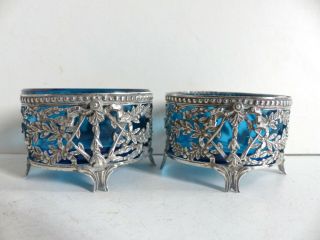 Antique French Solid Silver 950 & Blue Crystal Salt Cellars 1890s (2)
