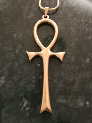 Vintage Egyptian Revival Style Gold Tone 2.  5” Sexy Gothic Ankh Pendant Necklace