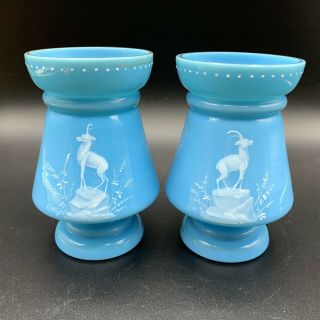 Antique Pair French Mary Gregory Blue Opaline Glass Vases White Enamel Ibex