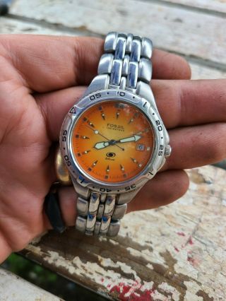 Vintage Fossil Watch 100 Meters Wr Stainless Steel Orange Dial Rare Am - 3575 Pics