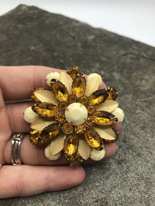 Vtg Unique Enamel & Glass Rhinestone Figural Flower Brooch