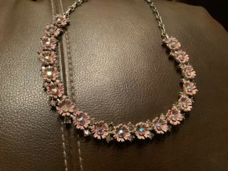 Vintage Signed Lisner Iridescent Ab Rhinestone Pink Flower Necklace