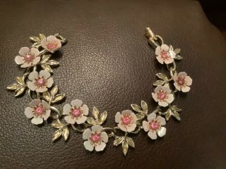 Vintage Coro Signed Pink Flower Leaves Rhinestone Link Bracelet