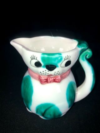 Vintage Lipper Mann Mid Century Green Ceramic Kitty Cat Creamer Pitcher Pink Bow