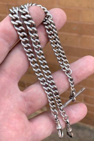 A Good Heavy Antique Solid Silver Double Albert Pocket Watch Chain,  Birm 1923.