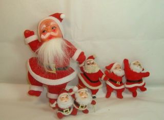 6 Vintage Flocked Plastic Dancing Santa Claus Christmas Ornaments & Figures