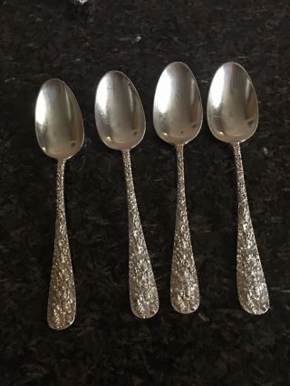 Stieff Rose Pattern Sterling Silver Teaspoons / Dessert Spoons Set Of 4