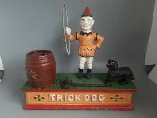 Vintage Cast Iron Mechanical Trick Dog Bank - - Missing Cap