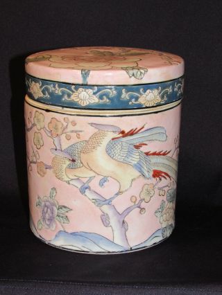Antique / Vintage Chinese Porcelain Phoenix Birds On Pink Ground Tea Caddy Box