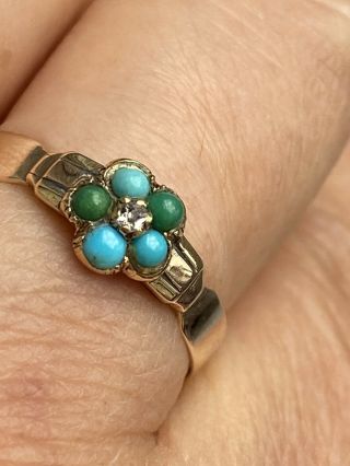 Antique 9ct Mark 9k Gold Victorian Turquoise Rose Cut Diamond Ring - Uk Size P