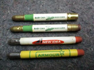 4 Vintage Adv.  Bullet Pencils/armour,  Dekalb - Baby Chix - Seed,  Idea - Equipment