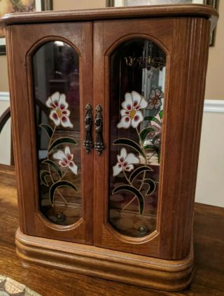 Vintage Jewelry Box Wardrobe Wood Mirror Painted Floral Glass Panel Door Drawer