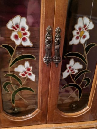 Vintage Jewelry Box Wardrobe Wood Mirror Painted Floral Glass Panel Door Drawer 2