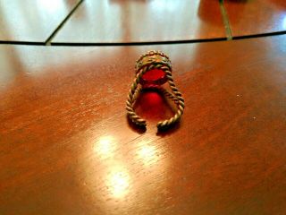 Vintage Brass Ring Red Faux Ruby open back adjustable 3