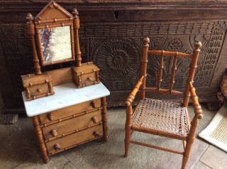 Rare Antique French Bamboo Miniature Furniture,  Marble Top Dresser,  Chair,  Doll?