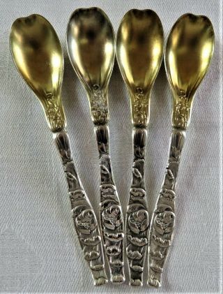 4 Antique Whiting Sterling Silver " Blossom " 4 3/8 " Egg Coffee Spoons Gold Wash