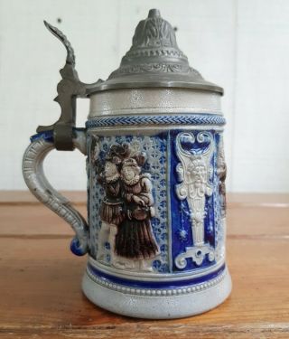 Vintage German Gray Stoneware Beer Stein With Pewter Lid 1/4 L 5 3/8 " Tall,  293