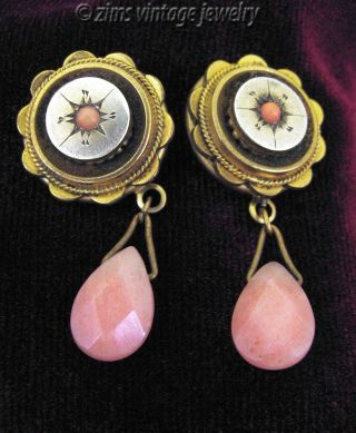 Vintage Victorian Revival Gold Floral Pink Coral Quartz Tear Drop Earrings Post