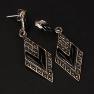 Vtg Sterling Silver - Art Deco Onyx & Marcasite Geometric Dangle Earrings - 5g