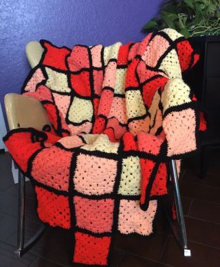 60x60 Granny Square Vintage Crochet Afghan Blanket Throw Pink Peach Red Black