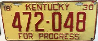 1930 Kentucky License Plate " For Progress " Rare