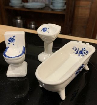 Vintage Miniature Doll House Porcelain Bathtub Sink Toilet Blue Floral Japan