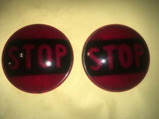 2 Vintage Columbus Metal Products Red Glass Stop Light Lens.