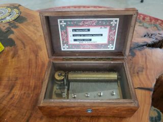 Antique Thorens Wooden Music Box 3 Tune With Inlay.  6.  25 " X 3.  75 " Great