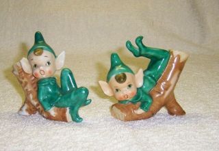 2.  Vintage 3” Christmas Elf/pixie Green W Pointed Ears Laying On Log Ceramic