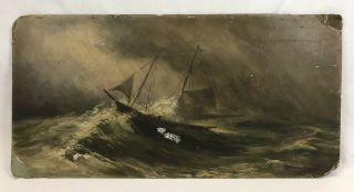 Antique Seascape Oil Painting Sailboat Clipper Ship In Rough Seas Storm