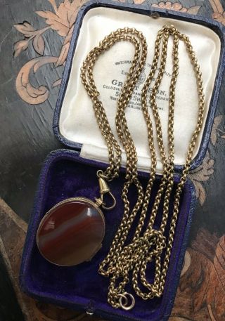 Antique Victorian Scottish Agate Locket Pendant On Longuard Muff Chain Necklace