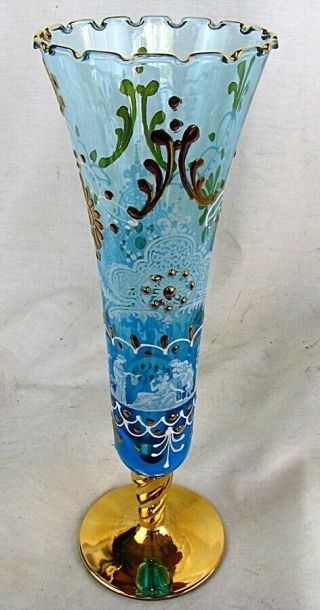 Antique Moser Vase Blue W Heavy Enamel & Gold Twist Base C.  1920 