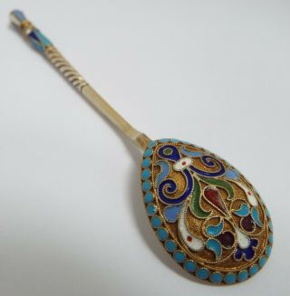 Suprb Decorative Antique 1880 Russian Solid Silver Gilt & Cloisonne Enamel Spoon