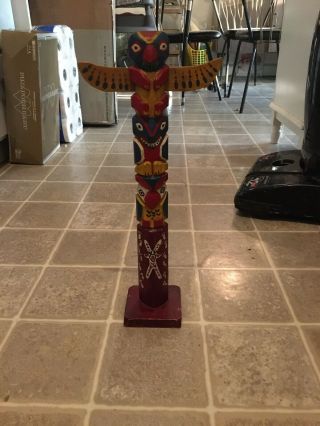 Vintage Wood Carved & Painted Native American Indian Totem Pole 16 1/2 Inches