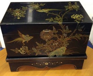 Asian Black Lacquer Decorated Floral Birds Oriental Chest Trunk Large Ottoman
