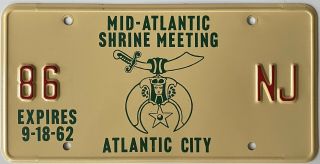 1962 Jersey Mid - Atlantic Shrine Meeting Atlantic City Shriner License Plate