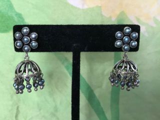 Vintage Sterling Silver & Pearl Birdcage Earrings Made In Nepal