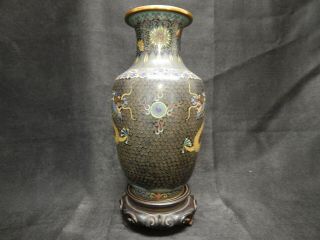 19th C.  Chinese Gilt Bronze Cloisonne Dragon Vase With Carved Wood Stand