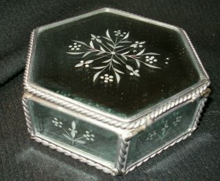 Vintage Hexagon Beveled Mirror Glass Trinket Box - Set 4 Etched Coasters
