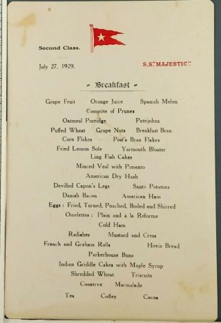 1929 Ss Majestic Steam Cruise Liner Rms 2nd Class Breakfast Menu White Star Ship