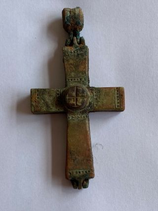 Byzantine Ancient Bronze Cross Encolpion With Red Intaglio Stone 700 - 100ad
