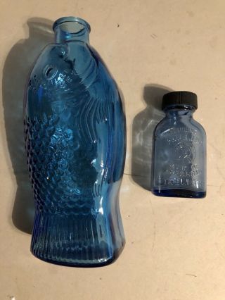Vintage Blue Phillip’s Milk Of Magnesia W/ Lid & Dr.  Fisch’s Bitter Fish Bottle