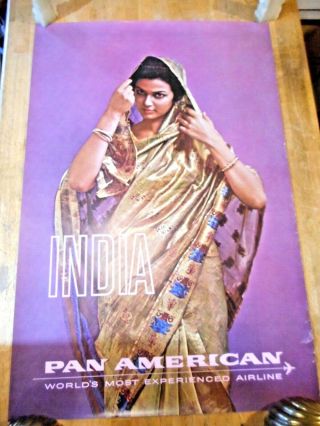C 1960s Pan Am India Travel Poster Pretty Woman In Sari Pan American