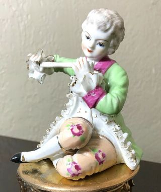 Antique German Meissen Porcelain Hand Painted Figurine Sitting Boy Playing Flute