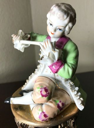 Antique German Meissen Porcelain Hand Painted Figurine Sitting Boy Playing Flute 2