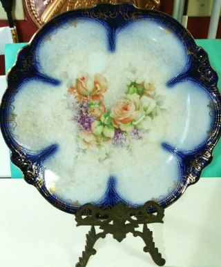 Antique Vintage Flow Blue 10 " Plate With Painted Flowers,  Gorgeous