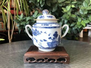 Antique Chinese Qing 18thc Qianlong Period Blue & White Export Sugar Jar W/ Lid