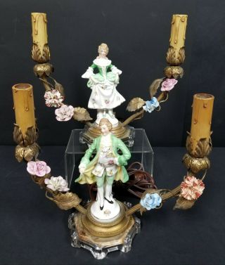 Pair Antique Gilt French Boudoir Lamps Porcelain Lady Gent Flowers Green Pink Nr